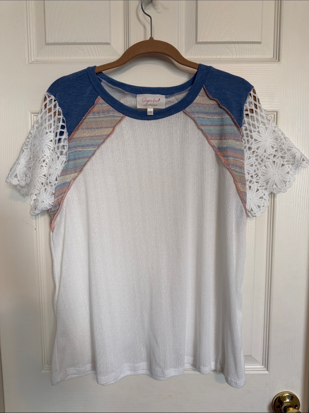 Sugar White Short Sleeve Tee with Blue Yoke & Crochet Sleeves
